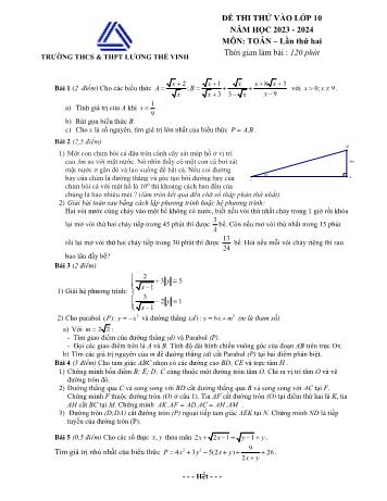 Đề thi thử vào Lớp 10 Lần thứ hai năm học 2023-2024 môn Toán - Trường THCS&THPT Lương Thế Vinh (Có đáp án)