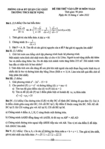 Đề thi thử vào Lớp 10 môn Toán năm 2022 - Trường THCS Dịch Vọng