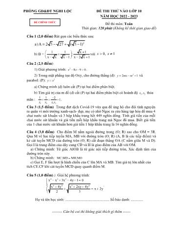 Đề thi thử vào Lớp 10 năm học 2022-2023 môn Toán - PGD&ĐT Nghi Lộc (Có đáp án)