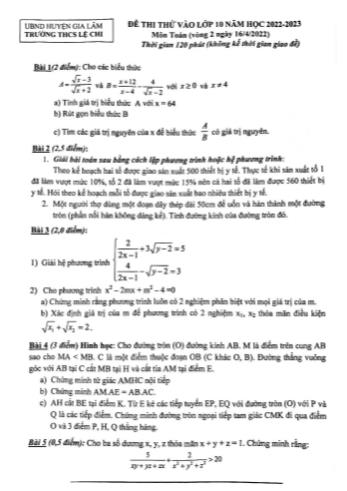 Đề thi thử vào Lớp 10 năm học 2022-2023 môn Toán vòng 2 - Trường THCS Lệ Chi
