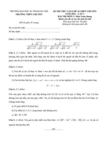 Đề thi thử vào Lớp 10 THPT chuyên năm 2022 Lần 1 môn Toán (Chung) - Trường THPT chuyên thuộc ĐHSP Hà Nội