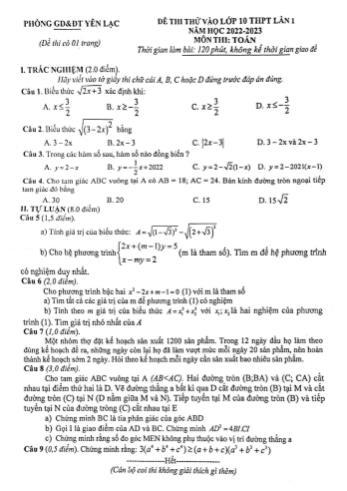Đề thi thử vào Lớp 10 THPT Lần 1 năm học 2022-2023 môn Toán - PGD&ĐT Yên Lạc