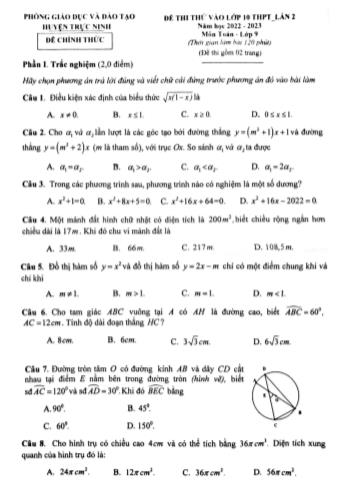 Đề thi thử vào Lớp 10 THPT Lần 2 năm học 2022-2023 môn Toán - PGD&ĐT huyện Trực Ninh