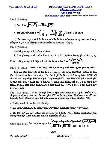 Đề thi thử vào Lớp 10 THPT Lần 3 năm học 2022-2023 môn Toán - Trường THCS Anh Sơn (Có đáp án)