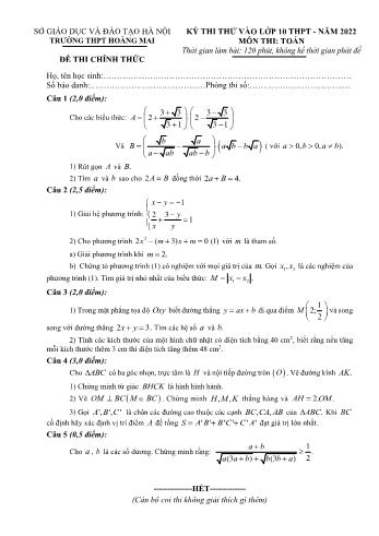 Đề thi thử vào Lớp 10 THPT năm 2022 môn Toán - Trường THPT Hoàng Mai (Có đáp án)