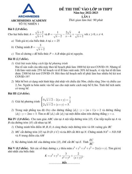 Đề thi thử vào Lớp 10 THPT năm học 2022-2023 Lần 1 môn Toán - Archimedes Academy