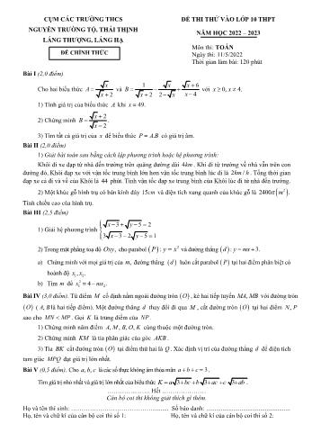Đề thi thử vào Lớp 10 THPT năm học 2022-2023 môn Toán - Cụm các trường THCS Nguyễn Trường Tộ, Thái Thịnh, Láng Thượng, Láng Hạ (Có đáp án)