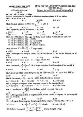 Đề thi thử vào Lớp 10 THPT năm học 2022-2023 môn Toán - Mã đề 901 - PGD&ĐT Lục Nam