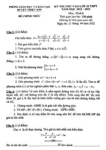 Đề thi thử vào Lớp 10 THPT năm học 2022-2023 môn Toán - PGD&ĐT huyện Triệu Sơn