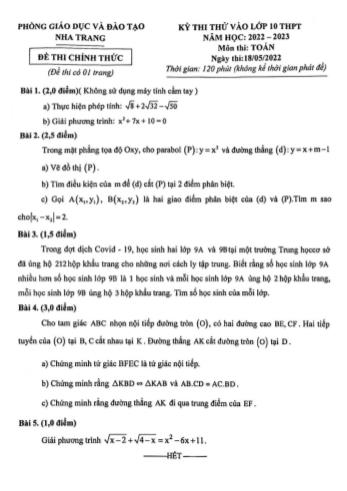 Đề thi thử vào Lớp 10 THPT năm học 2022-2023 môn Toán - PGD&ĐT Nha Trang