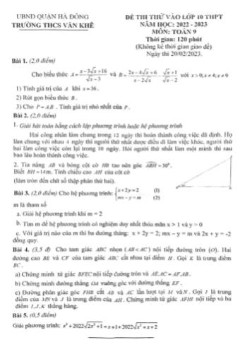 Đề thi thử vào Lớp 10 THPT năm học 2022-2023 môn Toán - Trường THCS Văn Khê