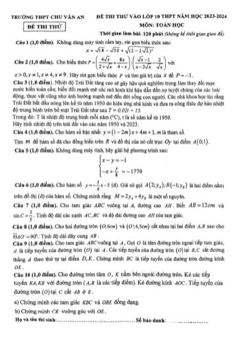 Đề thi thử vào Lớp 10 THPT năm học 2023-2024 môn Toán - Trường THPT Chu Văn An