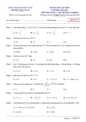 Đề thi thử vào THPT năm học 2022-2023 môn Toán (Trắc nghiệm và Tự luận) - Mã đề 375 - Trường THCS Vệ An