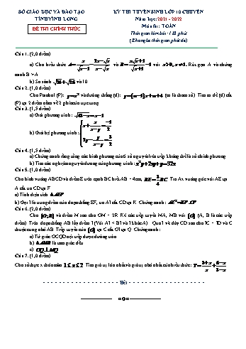 Đề thi tuyển sinh Lớp 10 chuyên năm học 2021-2022 môn Toán - SGD&ĐT Vĩnh Long (Có đáp án)