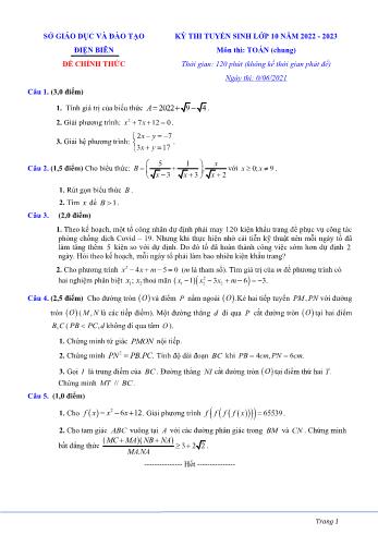 Đề thi tuyển sinh Lớp 10 năm 2022-2023 môn Toán (Chung) - SGD&ĐT Điện Biên (Có đáp án)