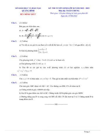 Đề thi tuyển sinh Lớp 10 năm 2022-2023 môn Toán (Chung) - SGD&ĐT Quảng Bình (Có đáp án)