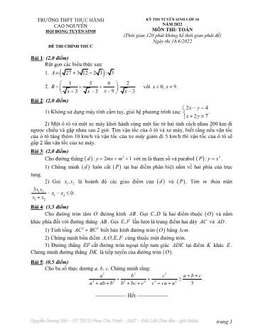 Đề thi tuyển sinh Lớp 10 năm 2022 môn Toán - Trường THPT thực hành Cao Nguyên (Có bài giải)