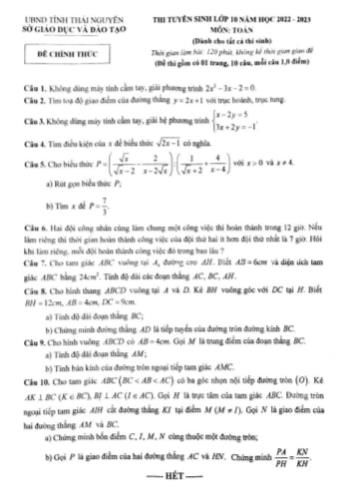 Đề thi tuyển sinh Lớp 10 năm học 2022-2023 môn Toán (Chung) - SGD&ĐT tỉnh Thái Nguyên
