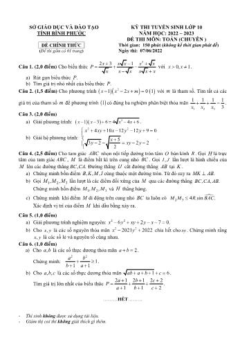 Đề thi tuyển sinh Lớp 10 năm học 2022-2023 môn Toán (Chuyên) - SGD&ĐT tỉnh Bình Phước (Có đáp án)