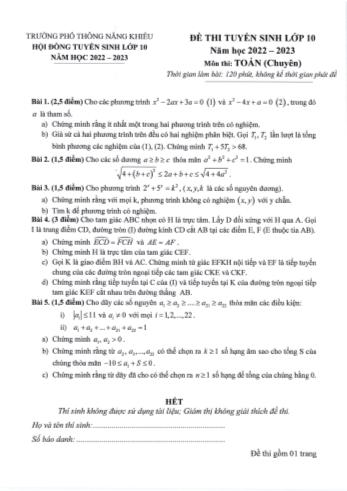 Đề thi tuyển sinh Lớp 10 năm học 2022-2023 môn Toán (Chuyên) - Trường phổ thông năng khiếu TP HCM