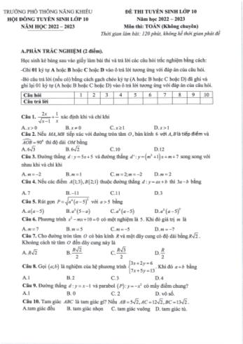 Đề thi tuyển sinh Lớp 10 năm học 2022-2023 môn Toán - Trường phổ thông năng khiếu TP HCM