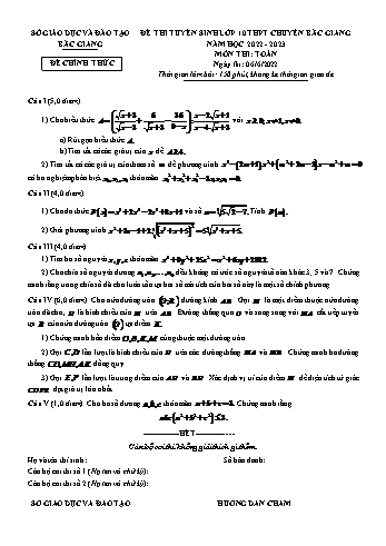 Đề thi tuyển sinh Lớp 10 THPT chuyên Bắc Giang năm học 2022-2023 môn Toán - SGD&ĐT Bắc Giang (Có đáp án)