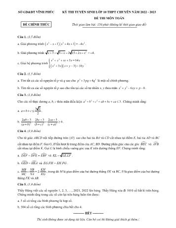 Đề thi tuyển sinh Lớp 10 THPT chuyên năm 2022-2023 môn Toán - SGD&ĐT Vĩnh Phúc (Có đáp án)