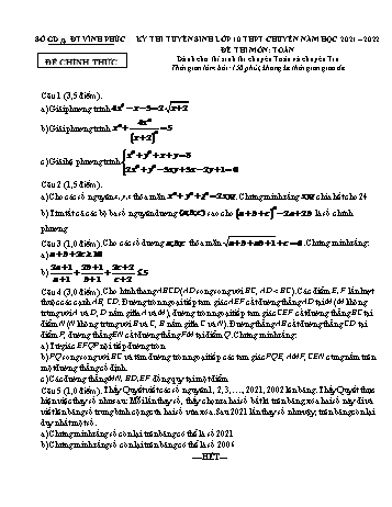 Đề thi tuyển sinh Lớp 10 THPT chuyên năm học 2021-2022 môn Toán - SGD&ĐT Vĩnh Phúc (Có đáp án)
