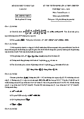 Đề thi tuyển sinh Lớp 10 THPT chuyên năm học 2021-2022 môn Toán - SGD&ĐT Lào Cai (Có đáp án)