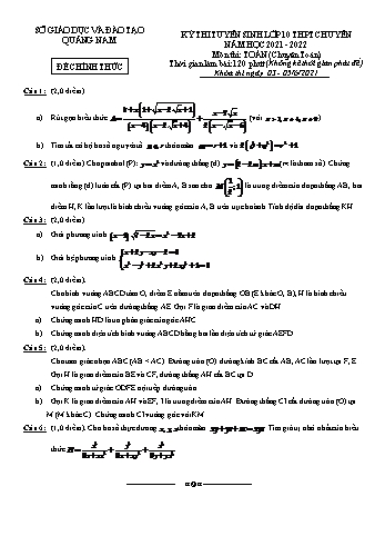Đề thi tuyển sinh Lớp 10 THPT chuyên năm học 2021-2022 môn Toán - SGD&ĐT Quảng Nam (Có đáp án)