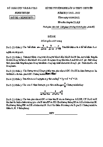 Đề thi tuyển sinh Lớp 10 THPT chuyên năm học 2021-2022 môn Toán - SGD&ĐT Ninh Thuận (Có đáp án)
