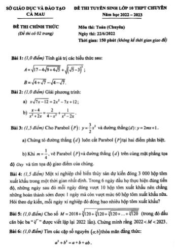 Đề thi tuyển sinh Lớp 10 THPT chuyên năm học 2022-2023 môn Toán (Chuyên) - SGD&ĐT Cà Mau