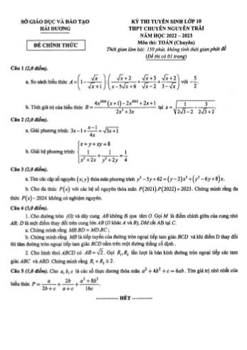 Đề thi tuyển sinh Lớp 10 THPT chuyên Nguyễn Trãi năm học 2022-2023 môn Toán - SGD&ĐT Hải Dương (Có đáp án)
