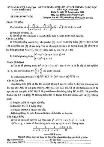 Đề thi tuyển sinh Lớp 10 THPT chuyên quốc học năm học 2022-2023 môn Toán (Chuyên Toán) - SGD&ĐT Thừa Thiên Huế (Có đáp án)