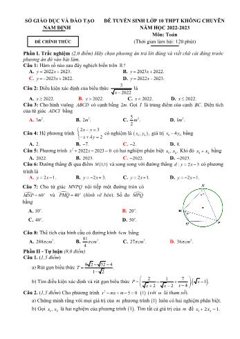 Đề thi tuyển sinh Lớp 10 THPT không chuyên năm học 2022-2023 môn Toán - SGD&ĐT Nam Định (Có đáp án)