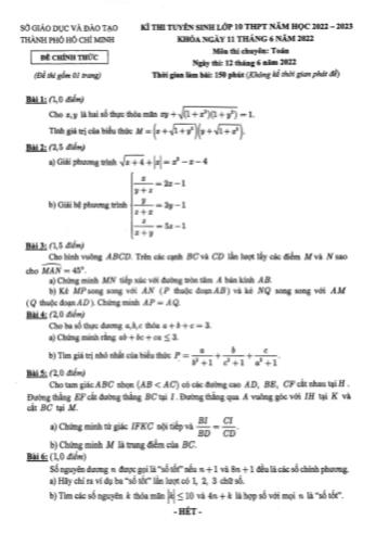 Đề thi tuyển sinh Lớp 10 THPT năm học 2022-2023 môn Toán (Chuyên) - SGD&ĐT Thành phố Hồ Chí Minh (Có đáp án)