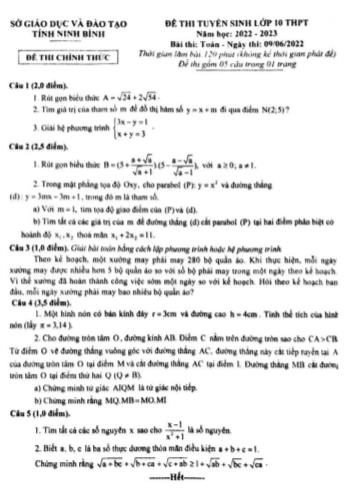 Đề thi tuyển sinh Lớp 10 THPT năm học 2022-2023 môn Toán (Chung) - SGD&ĐT tỉnh Ninh Bình (Có đáp án)