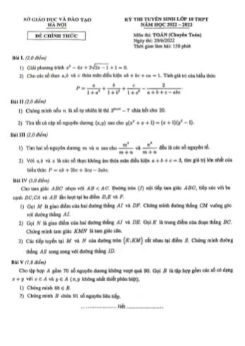 Đề thi tuyển sinh Lớp 10 THPT năm học 2022-2023 môn Toán (Chuyên) - SGD&ĐT Hà Nội (Có đáp án)