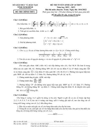 Đề thi tuyển sinh Lớp 10 THPT năm học 2022-2023 môn Toán (Chuyên) - SGD&ĐT tỉnh Ninh Bình (Có đáp án)
