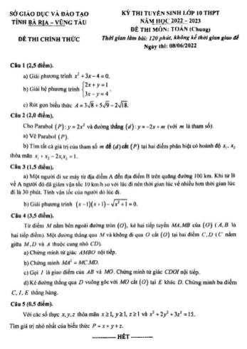 Đề thi tuyển sinh Lớp 10 THPT năm học 2022-2023 môn Toán (Chung) - SGD&ĐT tỉnh Bà Rịa-Vũng Tàu