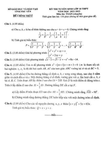 Đề thi tuyển sinh Lớp 10 THPT năm học 2022-2023 môn Toán (Chuyên) - SGD&ĐT tỉnh Phú Yên