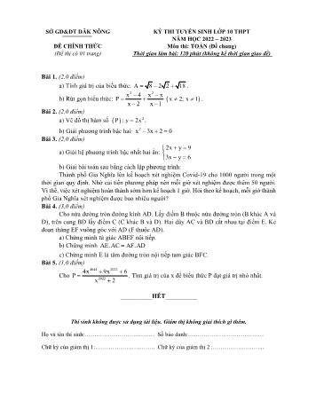 Đề thi tuyển sinh Lớp 10 THPT năm học 2022-2023 môn Toán (Chung) - SGD&ĐT Đắk Nông (Có đáp án)