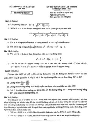 Đề thi tuyển sinh Lớp 10 THPT năm học 2022-2023 môn Toán (Chuyên Tin) - SGD&ĐT Hà Nội