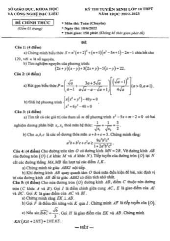 Đề thi tuyển sinh Lớp 10 THPT năm học 2022-2023 môn Toán (Chuyên) - Sở giáo dục khoa học và công nghệ Bạc Liêu (Có đáp án)