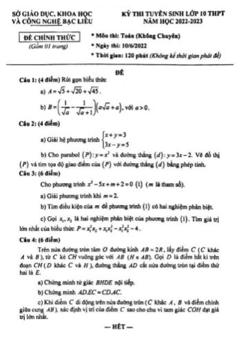 Đề thi tuyển sinh Lớp 10 THPT năm học 2022-2023 môn Toán (Không chuyên) - SGD, khoa học và công nghệ Bạc Liêu (Có đáp án)