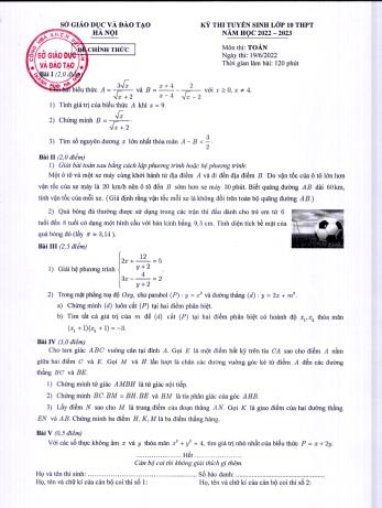 Đề thi tuyển sinh Lớp 10 THPT năm học 2022-2023 môn Toán - SGD&ĐT Hà Nội (Có đáp án)