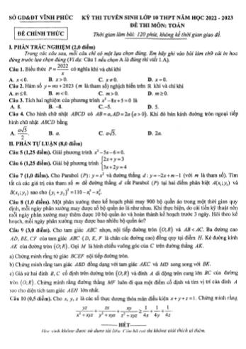 Đề thi tuyển sinh Lớp 10 THPT năm học 2022-2023 môn Toán - SGD&ĐT Vĩnh Phúc (Có đáp án)