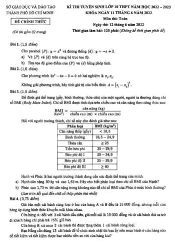 Đề thi tuyển sinh Lớp 10 THPT năm học 2022-2023 môn Toán - SGD&ĐT Thành phố Hồ Chí Minh (Có đáp án)