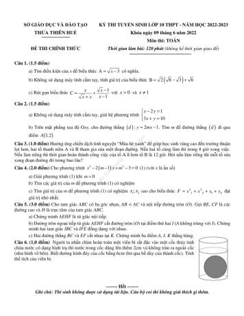 Đề thi tuyển sinh Lớp 10 THPT năm học 2022-2023 môn Toán - SGD&ĐT Thừa Thiên Huế (Có lời giải)