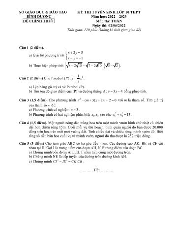 Đề thi tuyển sinh Lớp 10 THPT năm học 2022-2023 môn Toán - SGD&ĐT Bình Dương (Có đáp án)